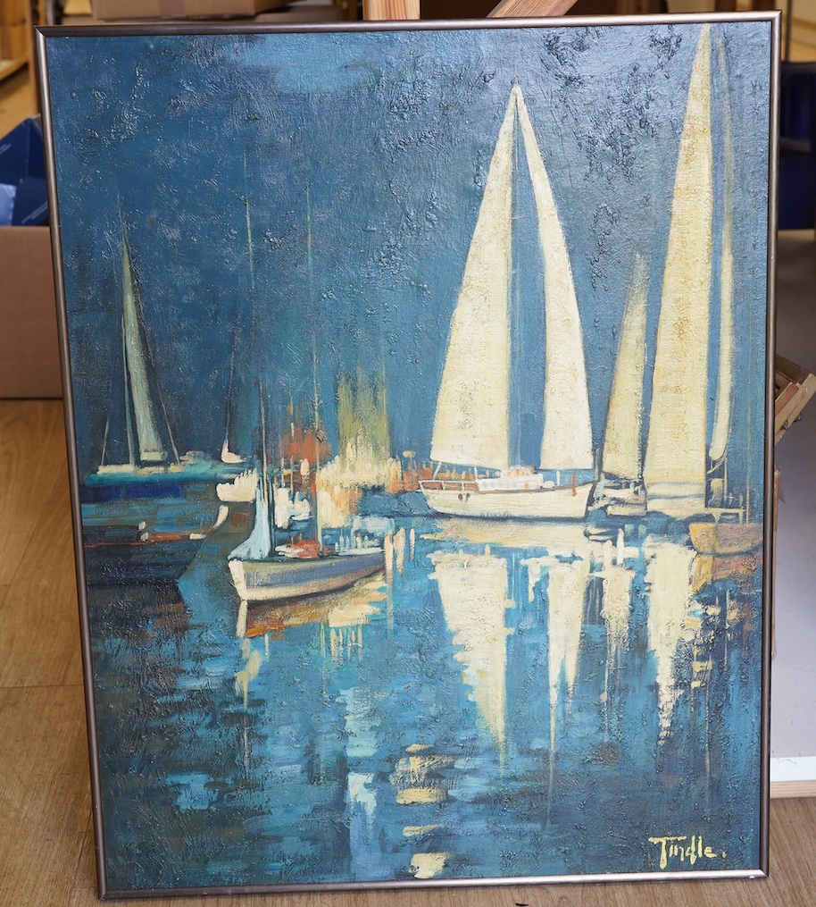 St Ives style, decorative oil on board, 'Yachts, Cornwall', 76 x 60cm. Condition - good